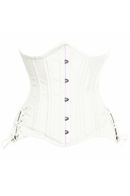 Top Drawer White Satin Double Steel Boned Curvy Cut Waist Cincher Corset w/Lace-Up Sides.