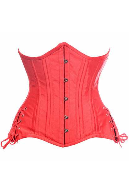 Top Drawer Red Satin Double Steel Boned Curvy Cut Waist Cincher Corset w/Lace-Up Sides.