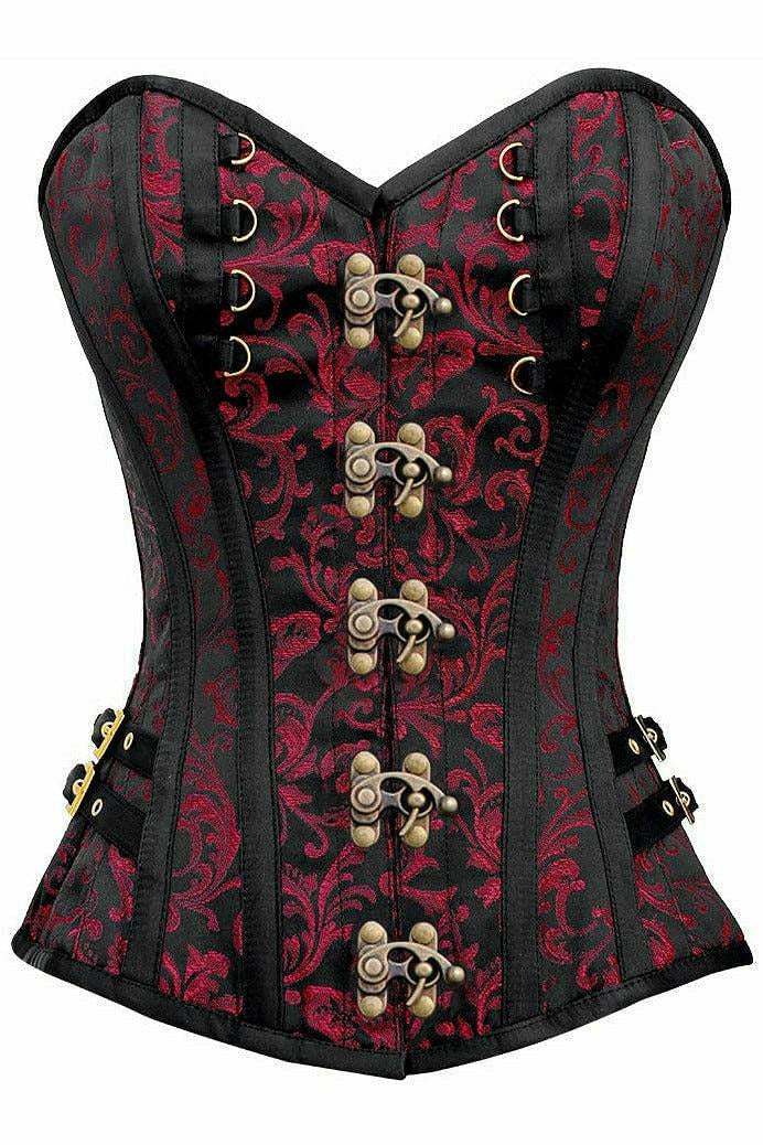 Top Drawer Black/Red Swirl Brocade Steel Boned Overbust Corset w/Buckles.