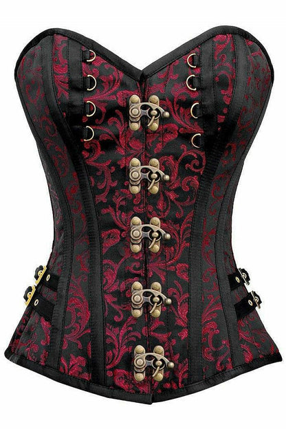 Top Drawer Black/Red Swirl Brocade Steel Boned Overbust Corset w/Buckles.