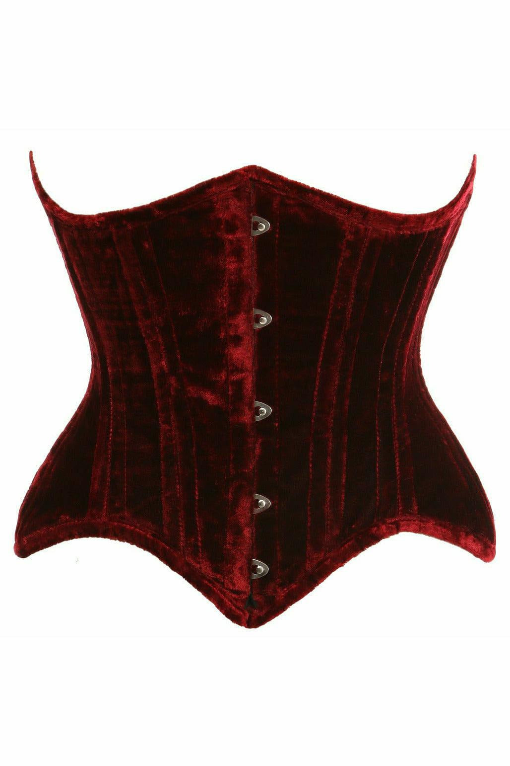 Top Drawer Dark Red Crushed Velvet Double Steel Boned Curvy Cut Waist Cincher Corset.