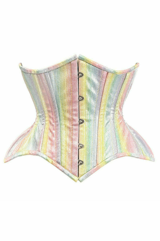 Top Drawer Rainbow Glitter Double Steel Boned Curvy Cut Waist Cincher Corset.