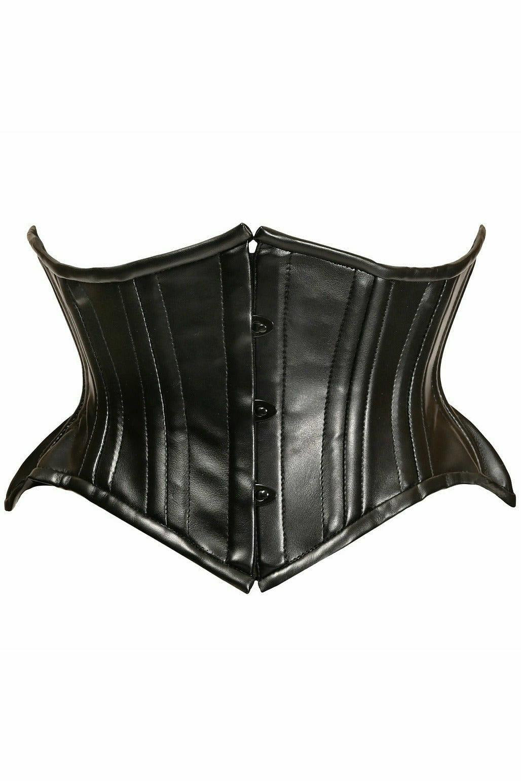 Top Drawer Black Faux Leather Double Steel Boned Curvy Cut Waist Cincher.