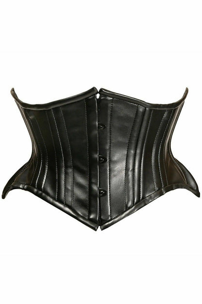 Top Drawer Black Faux Leather Double Steel Boned Curvy Cut Waist Cincher.