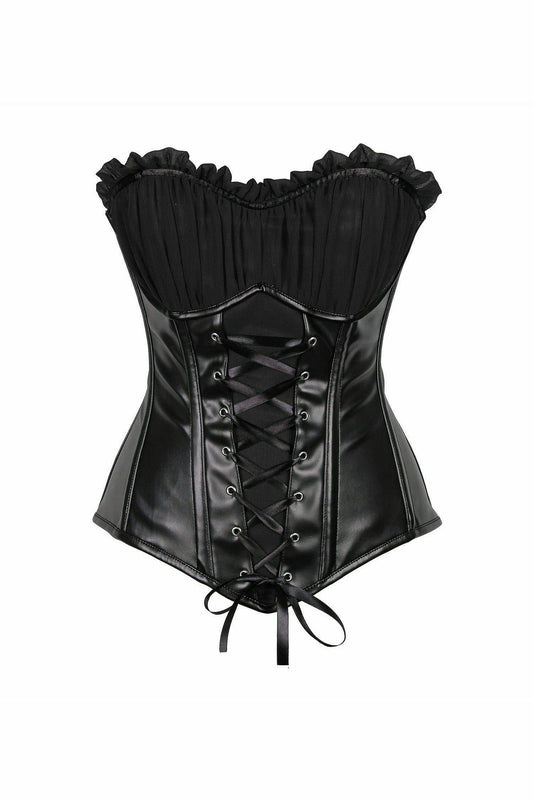Top Drawer Black Faux Leather Lace-Up Steel Boned Corset.