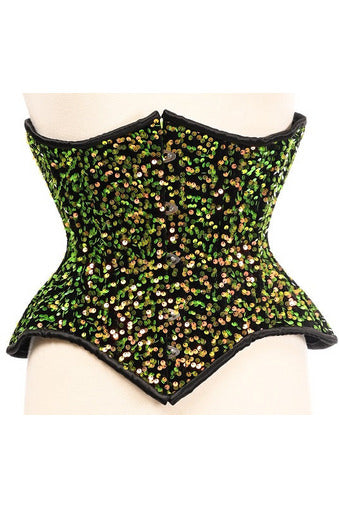 Top Drawer Multi Green Sequin Curvy Cut Waist Cincher Corset.