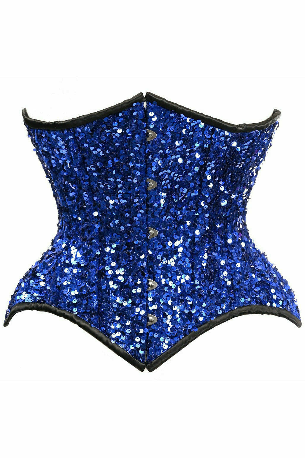 Top Drawer Steel Boned Blue Sequin Curvy Cut Waist Cincher Corset.