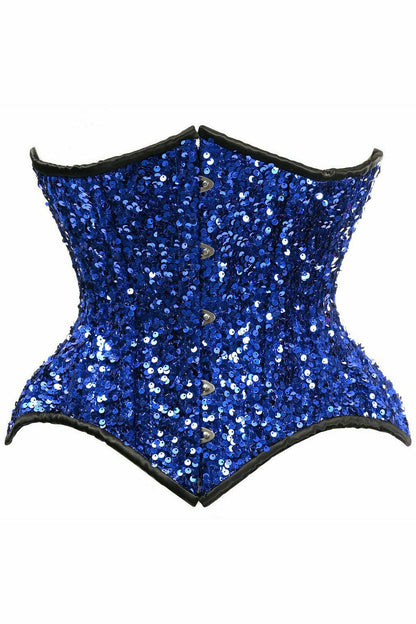 Top Drawer Steel Boned Blue Sequin Curvy Cut Waist Cincher Corset.