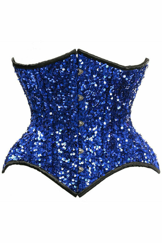 Top Drawer Steel Boned Blue Sequin Curvy Cut Waist Cincher Corset.