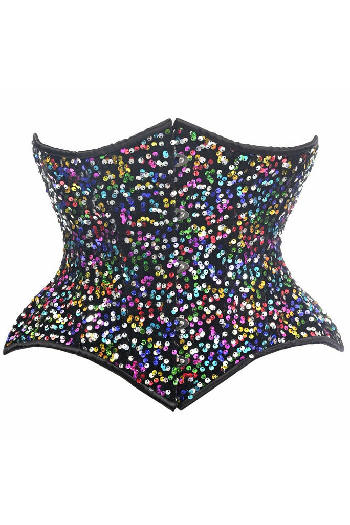 Top Drawer Rainbow Sequin Steel Boned Curvy Cut Waist Cincher Corset.
