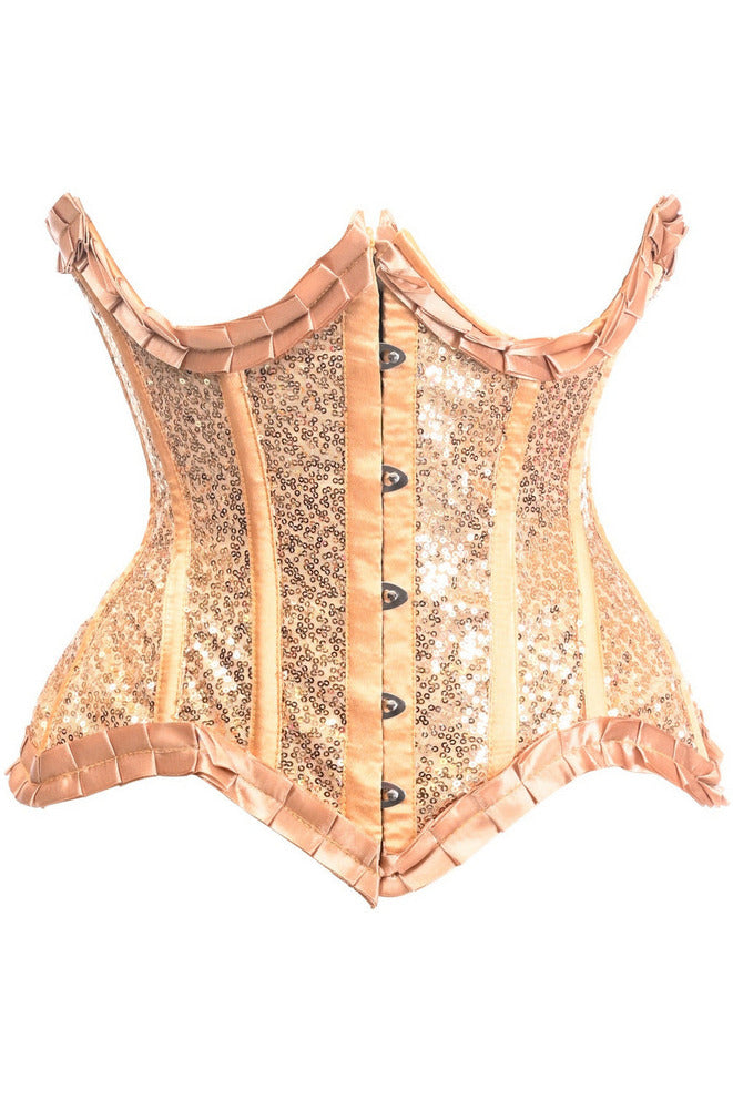 Top Drawer Gold Satin & Sequin Underwire Curvy Cut Steel Boned Waist Cincher Corset.