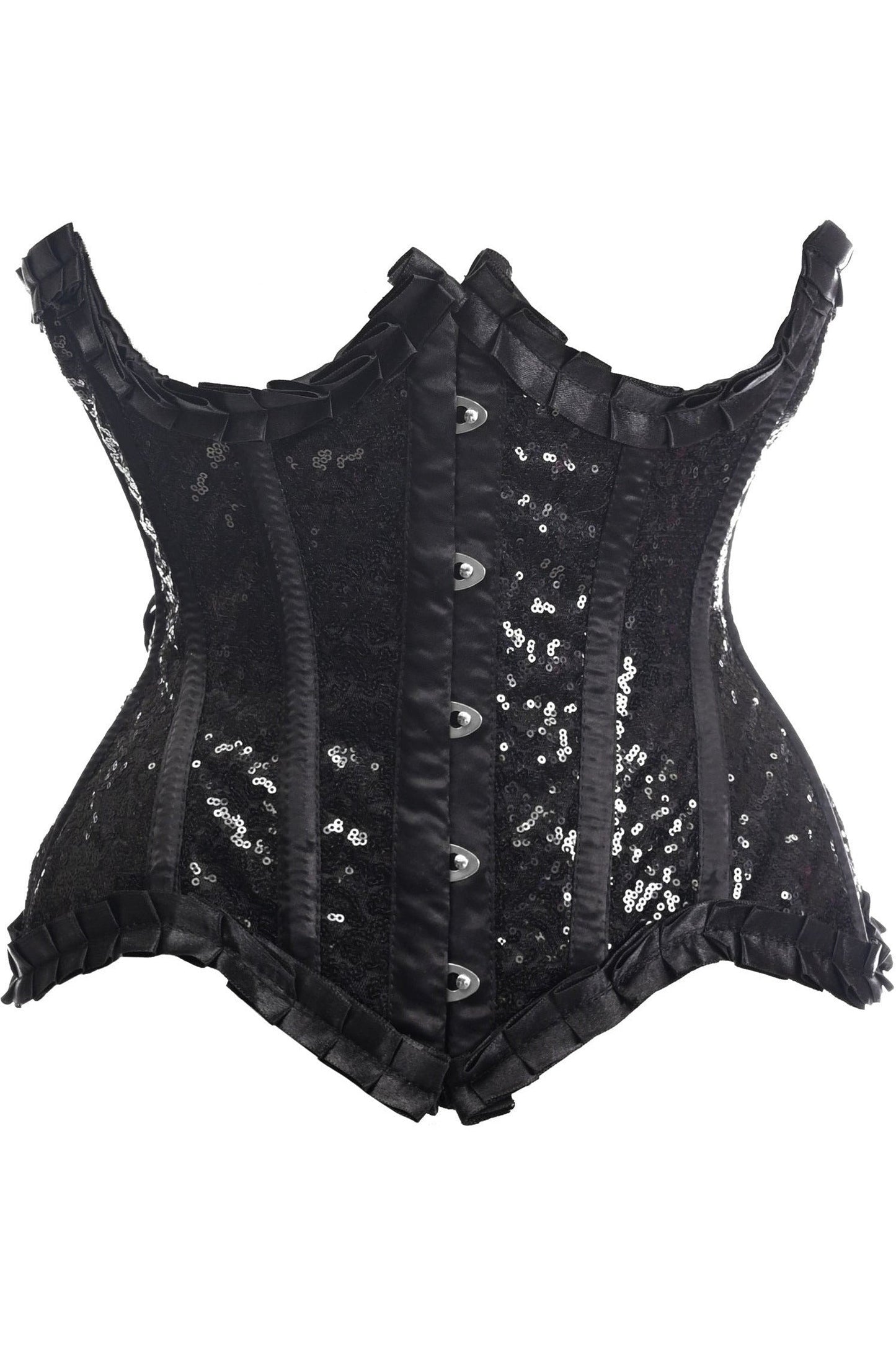 Top Drawer Black Satin & Sequin Underwire Curvy Cut Steel Boned Waist Cincher Corset.