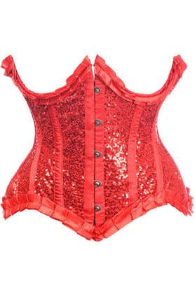 Top Drawer Red Satin & Sequin Underwire Curvy Cut Steel Boned Waist Cincher Corset.