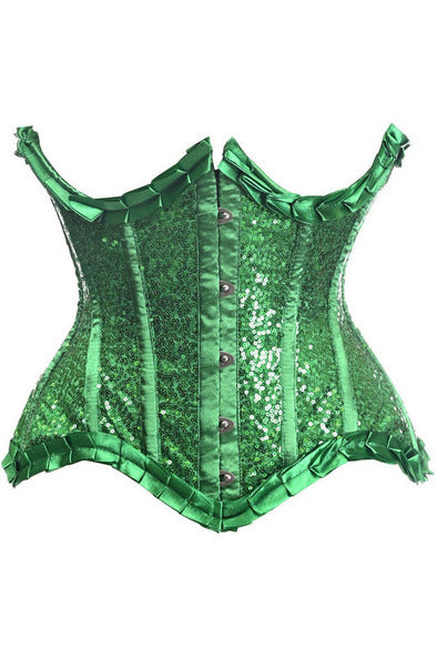 Top Drawer Green Satin & Sequin Underwire Curvy Cut Steel Boned Waist Cincher Corset.