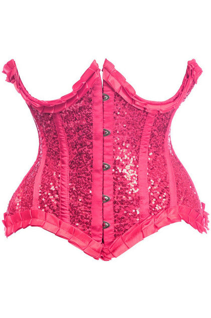 Top Drawer Fuchsia Satin & Sequin Underwire Curvy Cut Steel Boned Waist Cincher Corset.
