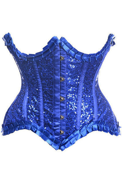 Top Drawer Blue Satin & Sequin Underwire Curvy Cut Steel Boned Waist Cincher Corset.