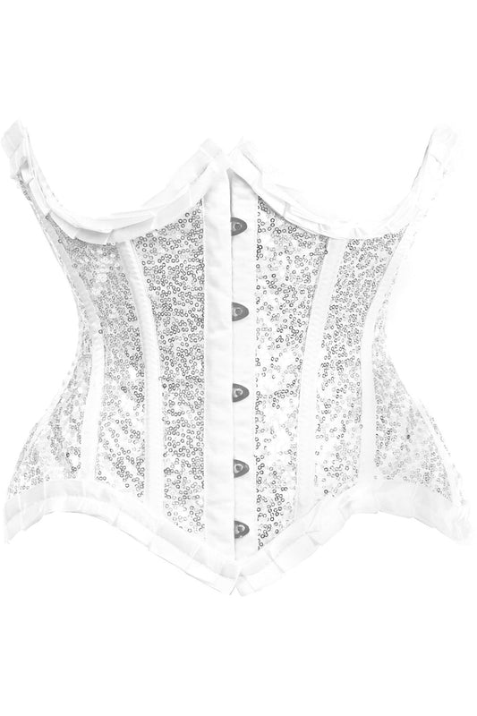 Top Drawer White/Silver Satin & Sequin Underwire Curvy Cut Steel Boned Waist Cincher Corset.