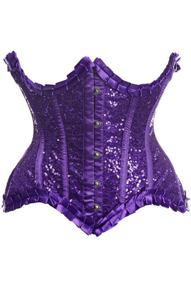 Top Drawer Purple Satin & Sequin Underwire Curvy Cut Steel Boned Waist Cincher Corset.