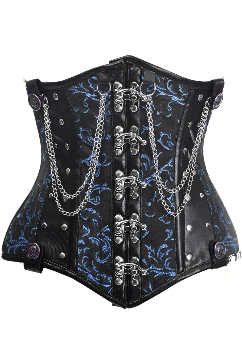 Top Drawer Black/Blue Steel Boned Underbust Corset w/Chains and Clasps-Daisy Corsets
