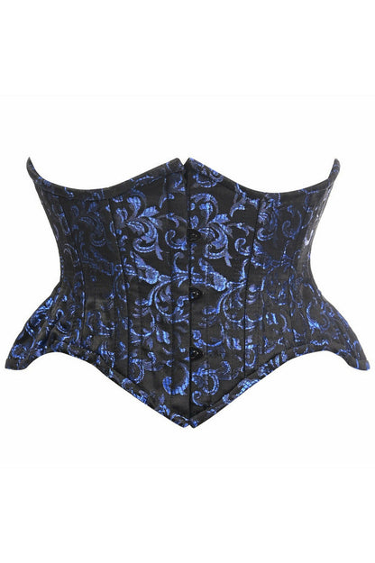 Top Drawer Black/Blue Brocade Double Steel Boned Mini Cincher Corset.