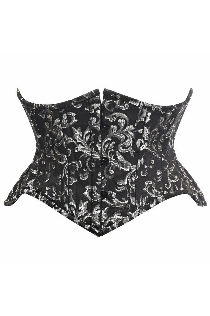 Top Drawer Black/Silver Brocade Double Steel Boned Mini Cincher Corset.