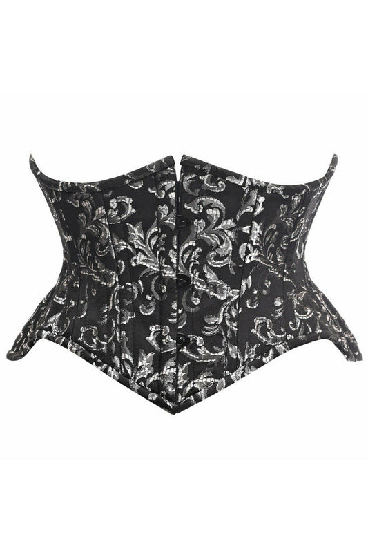 Top Drawer Black/Silver Brocade Double Steel Boned Mini Cincher Corset.