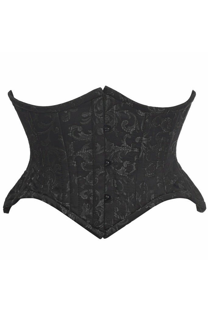 Top Drawer Black/Black Brocade Double Steel Boned Mini Cincher Corset.