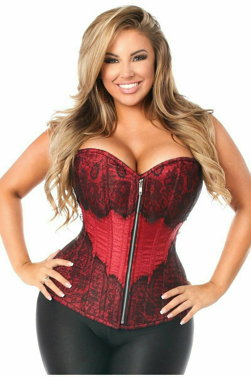 Top Drawer Wine Brocade Steel Boned Corset w/Black Eyelash Lace.