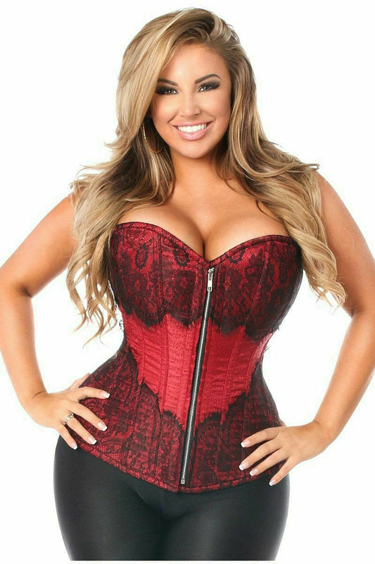 Top Drawer Wine Brocade Steel Boned Corset w/Black Eyelash Lace.