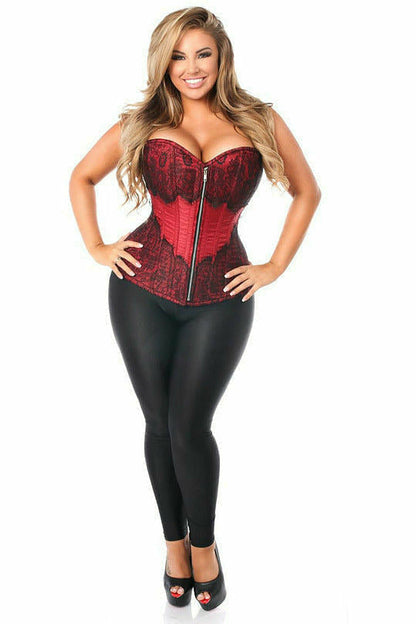 Top Drawer Wine Brocade Steel Boned Corset w/Black Eyelash Lace.