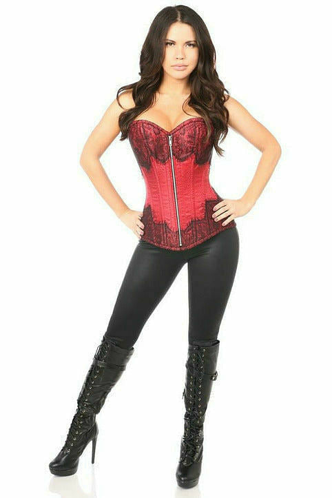 Top Drawer Wine Brocade Steel Boned Corset w/Black Eyelash Lace.