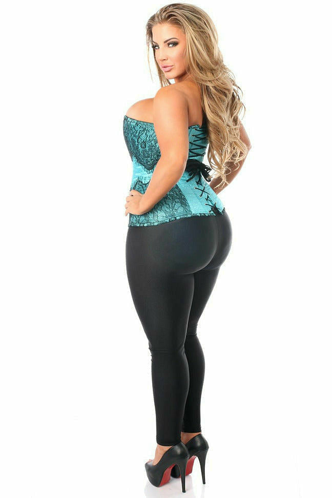 Top Drawer Teal Brocade Steel Boned Corset w/Black Eyelash Lace.