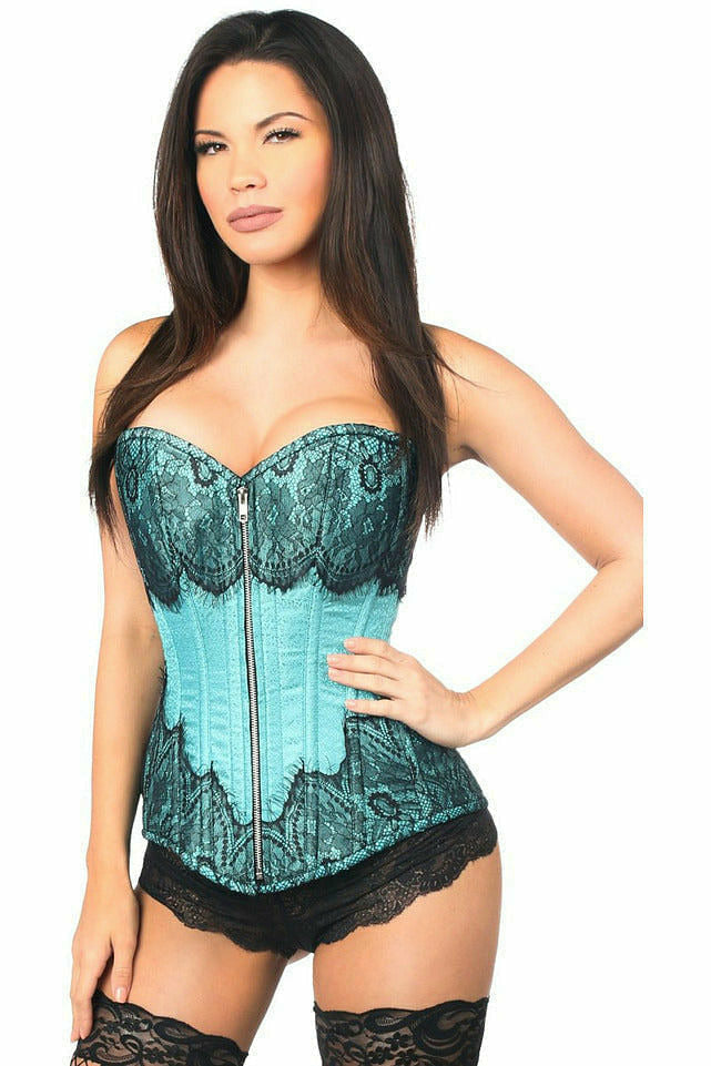 Top Drawer Teal Brocade Steel Boned Corset w/Black Eyelash Lace.