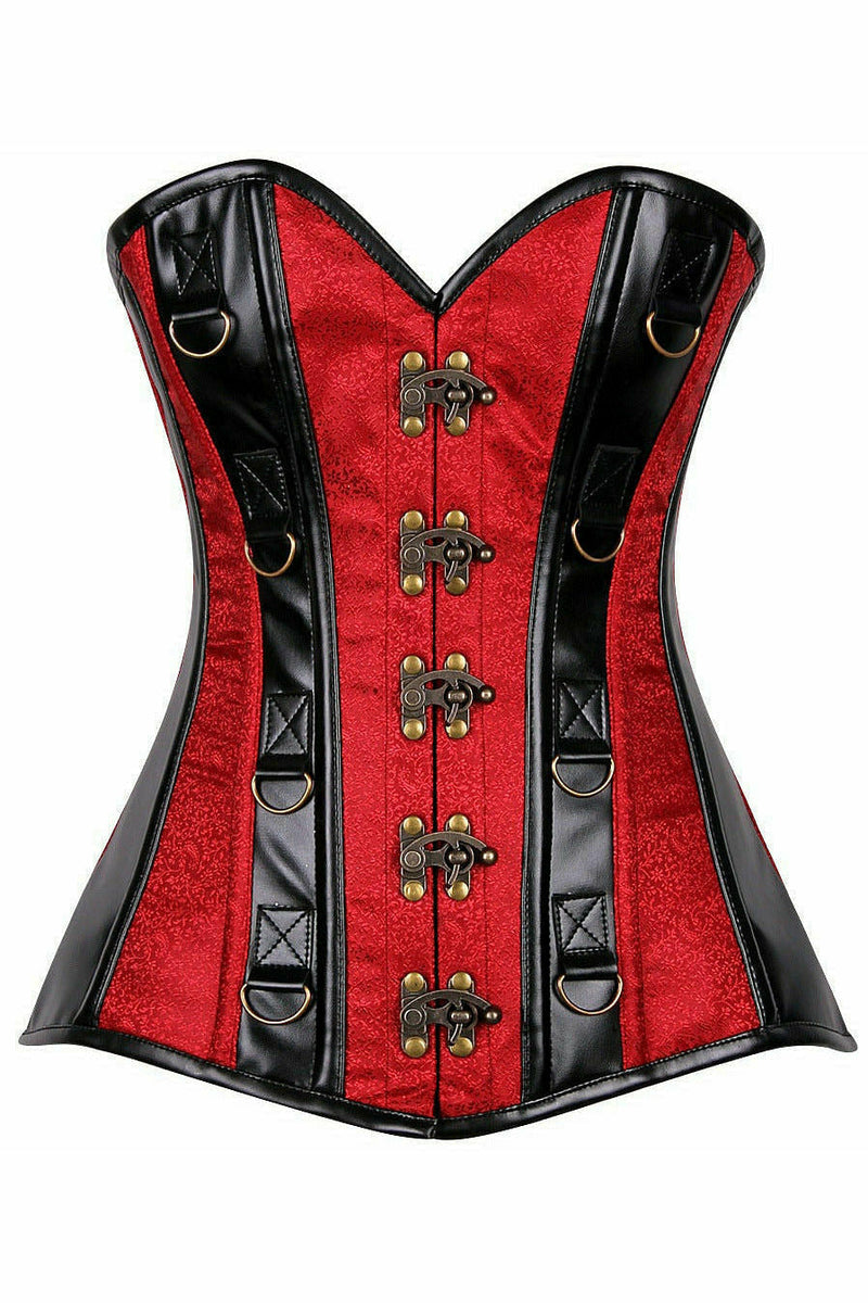 Top Drawer Wine Brocade & Faux Leather Steel Boned Corset-Daisy Corsets