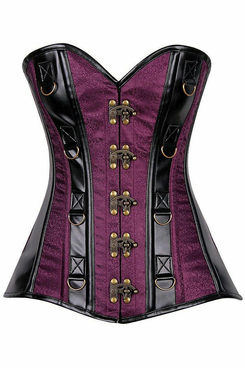 Top Drawer Plum Brocade & Faux Leather Steel Boned Corset-Daisy Corsets