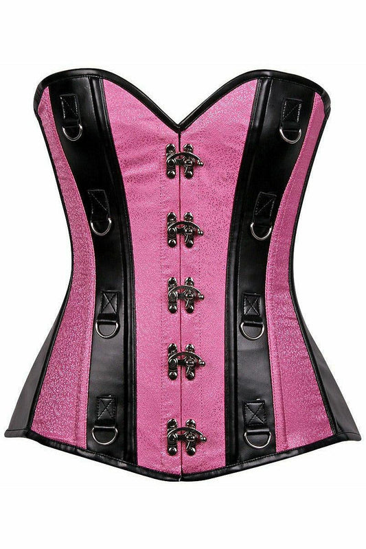 Top Drawer Pink Brocade & Faux Leather Steel Boned Corset.