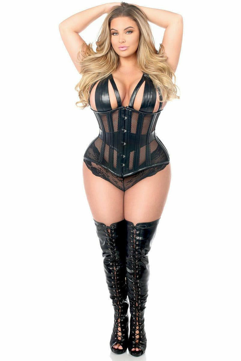 Top Drawer Faux Leather & Fishnet Steel Boned Halter Top Corset.