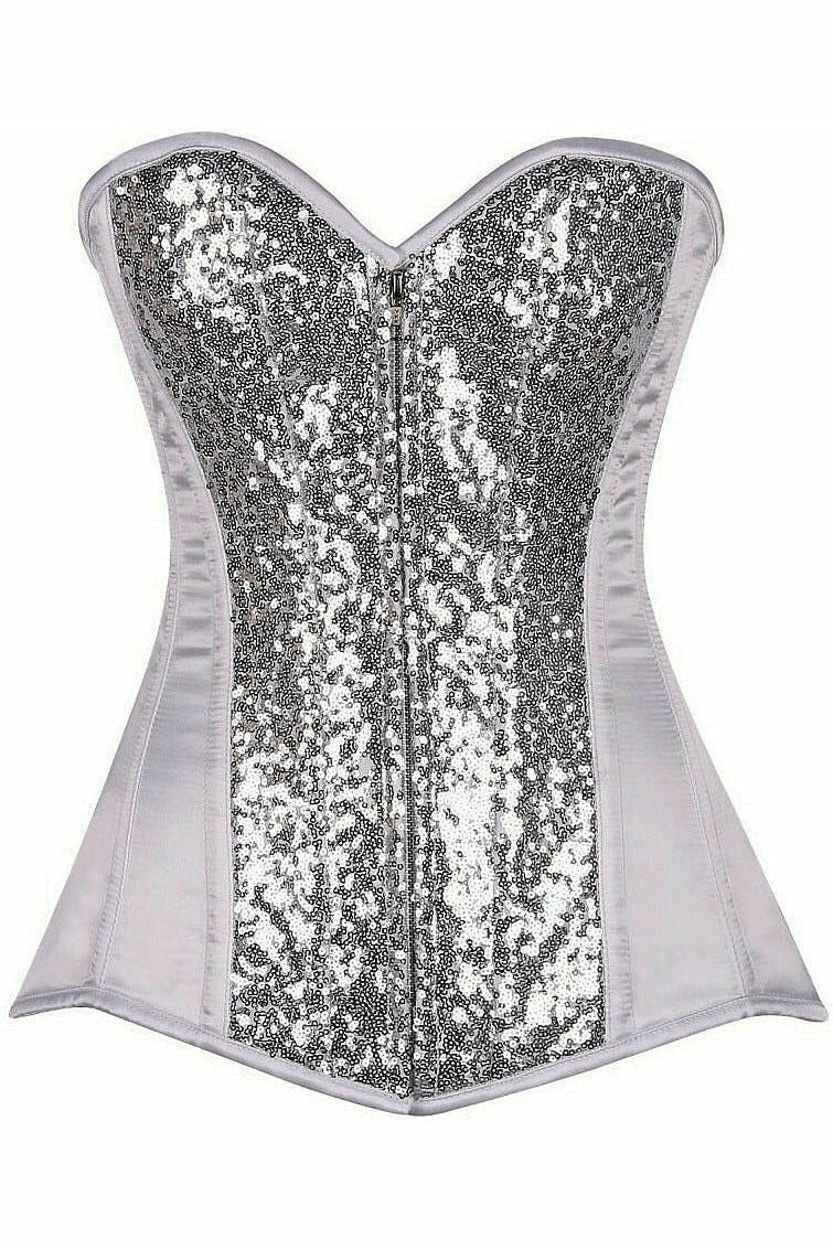 Top Drawer White/Silver Sequin Steel Boned Corset.