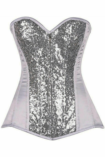 Top Drawer White/Silver Sequin Steel Boned Corset.