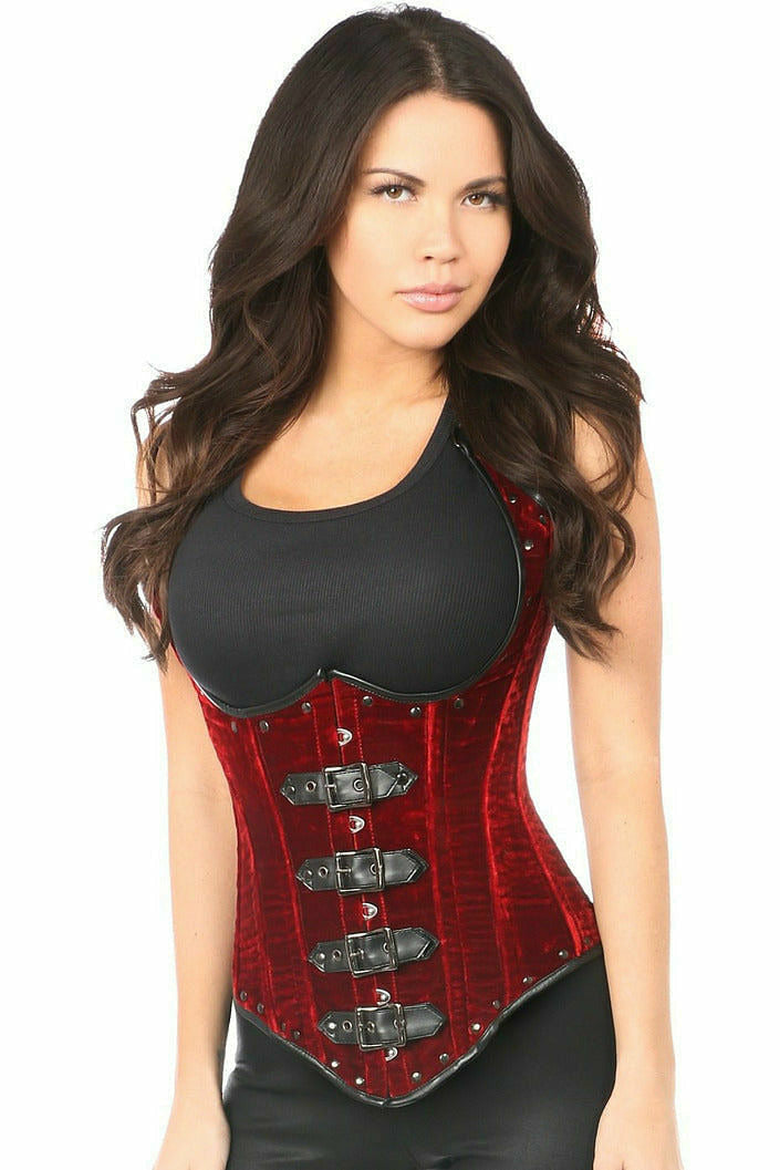 Top Drawer Steel Boned Red Velvet Underbust Corset w/Buckling.