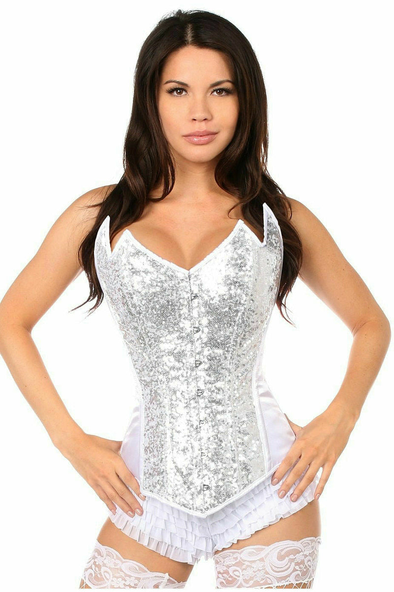 Top Drawer White/Silver Sequin Pointed Top Steel Boned Corset-Daisy Corsets
