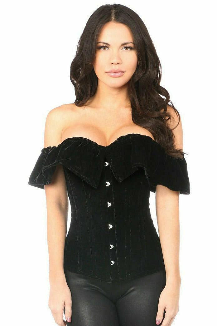 Top Drawer Black Velvet Off-The-Shoulder Steel Boned Corset.