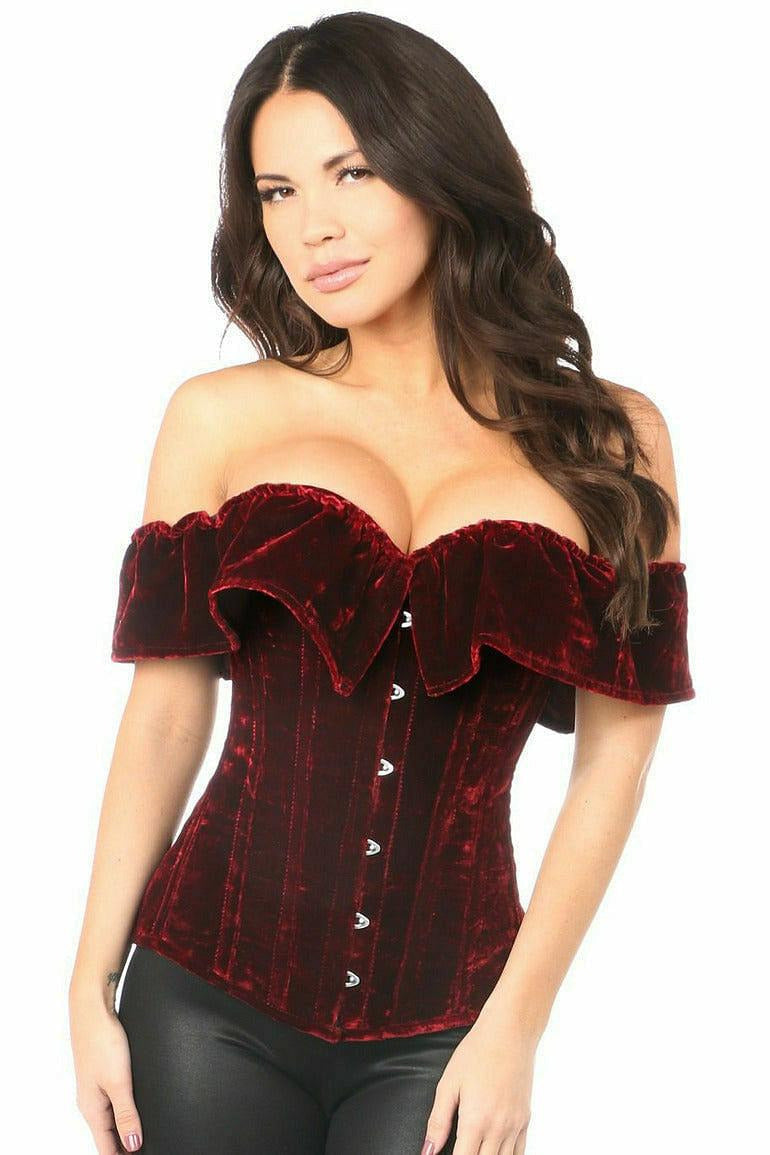 Top Drawer Dark Red Velvet Off-The-Shoulder Steel Boned Corset.