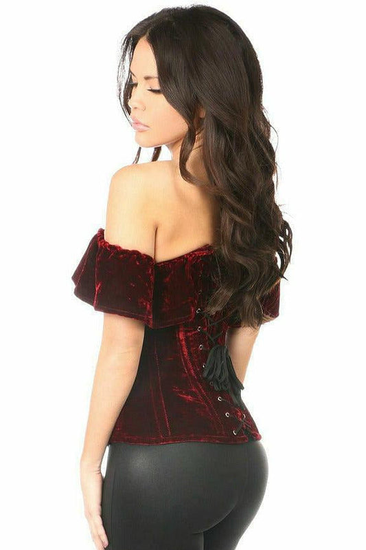 Top Drawer Dark Red Velvet Off-The-Shoulder Steel Boned Corset.
