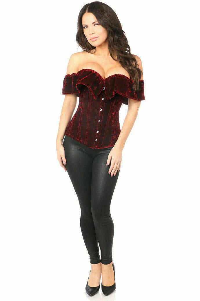 Top Drawer Dark Red Velvet Off-The-Shoulder Steel Boned Corset.