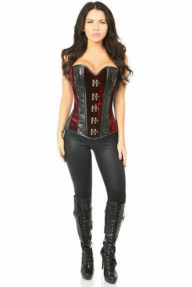 Top Drawer Red Velvet & Faux Leather Steel Boned Corset-Daisy Corsets