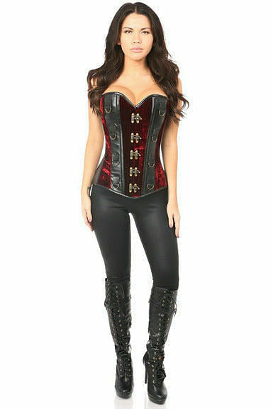 Top Drawer Red Velvet & Faux Leather Steel Boned Corset.