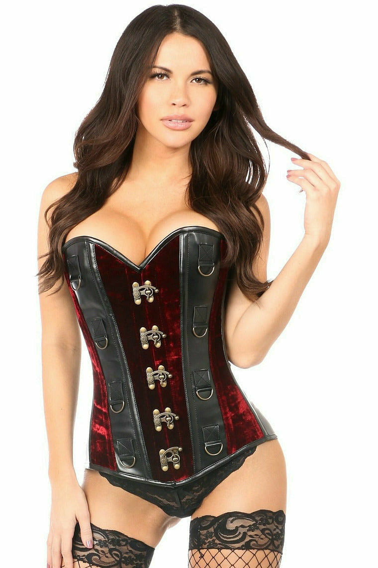 Top Drawer Red Velvet & Faux Leather Steel Boned Corset.