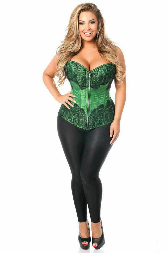 Top Drawer Emerald Brocade Steel Boned Corset w/Black Eyelash Lace.