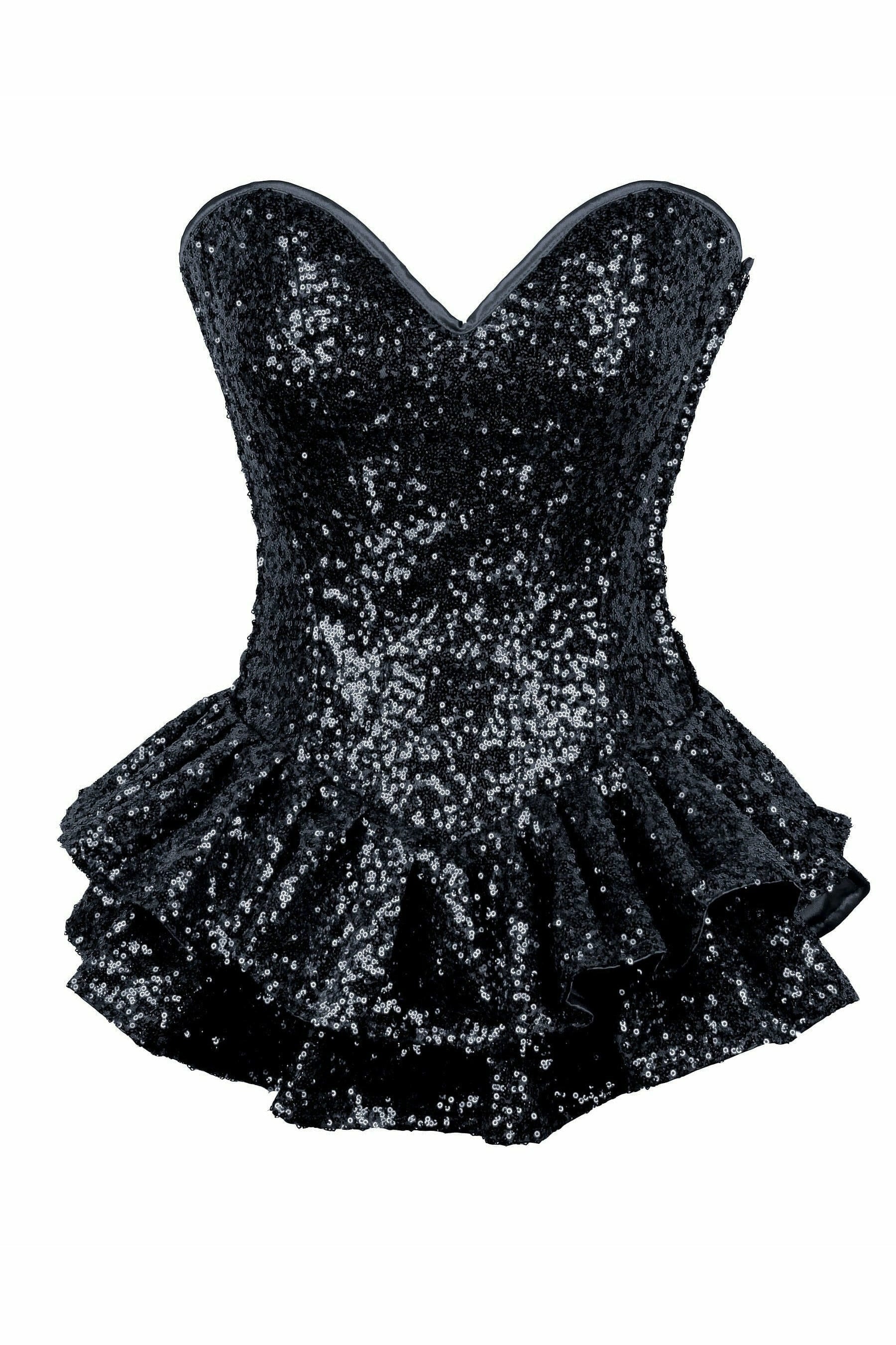 Top Drawer Black Sequin Steel Boned Mini Corset Dress.
